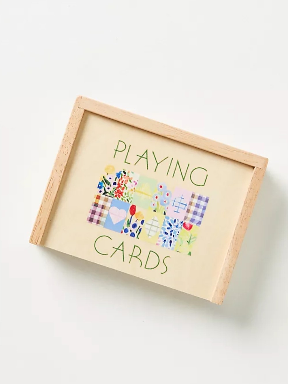 Wooden Playing Cards Box with Floral Patchwork Design - Natural